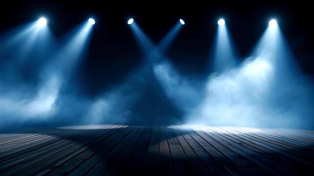 Dramatic blue spotlights moving across a dark, empty wooden stage, illuminating swirling smoke and creating a mysterious atmosphere perfect for a performance, presentation, or event background