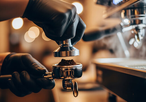 Barista wearing black gloves tamping coffee grounds in portafilter, isolated on transparent background