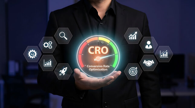 Businessman presenting CRO conversion rate optimization digital gauge interface