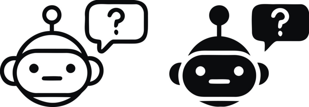 Black and white robot icons with question marks