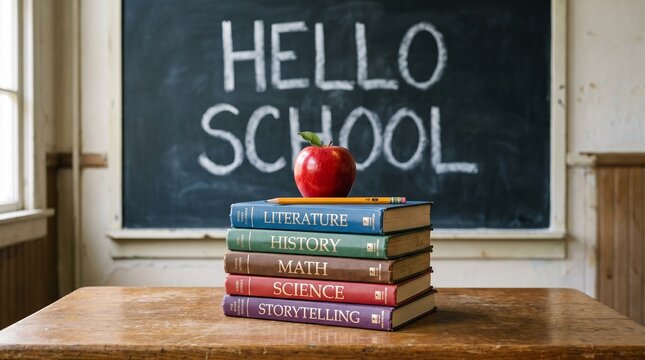 Classroom scene with wooden desk in foreground holding stack of six books labeled Literature, History, Math, Science, and Storytelling, topped with red apple, chalkboard in background with large white