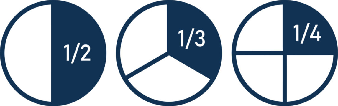 Fractional circles display clear mathematical proportions of one half, one third, and one quarter in a clean dark blue and white color palette.
