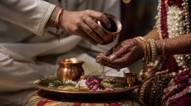 Indian Wedding Ceremony Ritual Hands Pouring Water.
