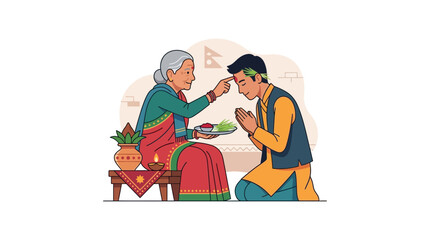 Elderly woman applying tika to young man for Tihar festival © Hamdan
