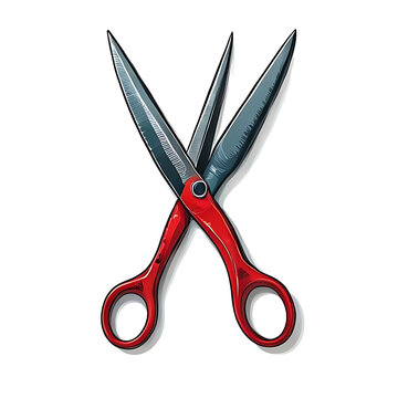 Red handled scissors with black blades open.