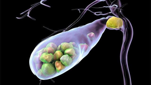 Gallbladder with stones, 3D animation showing cholelithiasis. Gallstones can block bile flow and cause pain, inflammation, or infection requiring medical or surgical treatment.