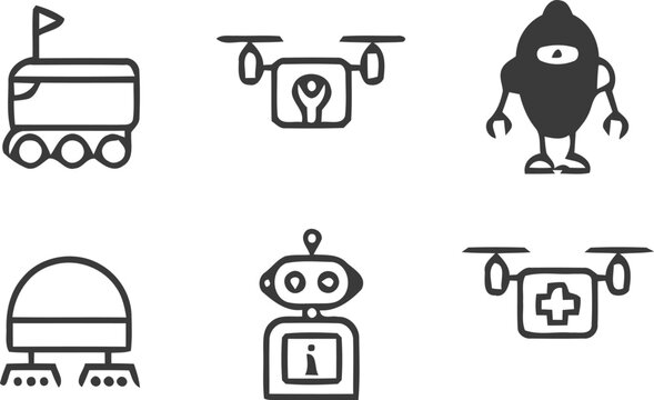 Black line art icons of robots and drones