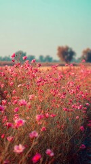 Obraz premium Vibrant wildflowers in serene landscape.