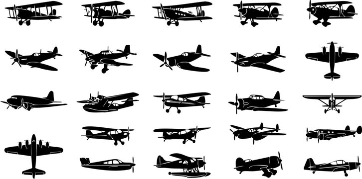 vintage airplane vector silhouette set and old military aircraft icons
