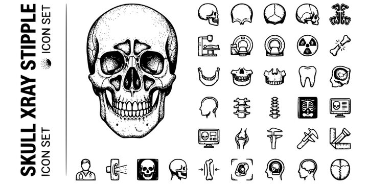 Skull X-Ray Stipple Black White-Cranial Bone Sinus Cavity Temporal-Head Imaging Vector-Skull Icon Stipple-Medical Imaging Design Set