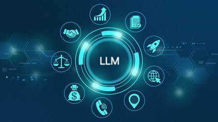 Llm concept with business and technology on a dark blue digital background, large language model, artificial intelligence © FlexHand Studio