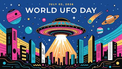 Colorful ufo flying over a bright futuristic city skyline illustration © Naymul