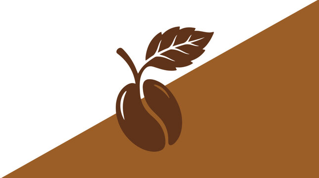An illustration of a coffee bean with a leaf on a brown and white background.