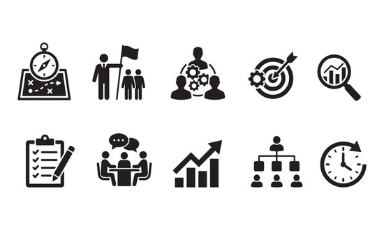 Business planning strategy management productivity icon set with business planning strategy