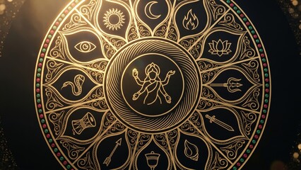 Naklejka premium Durga Chakra Gold Foil Mandala – Happy Navratri Divine Power
