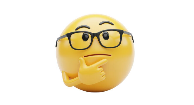 Cartoon thinking emoji character with glasses on transparent white background isolated
