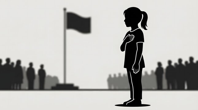Silhouette of young girl saluting american flag with crowd backdrop