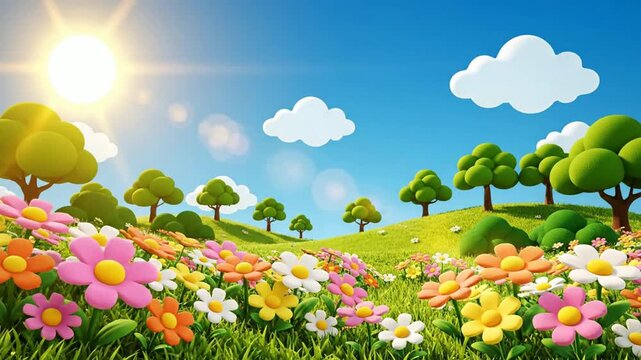 Vibrant 3 d cartoon spring landscape with blooming flowers, sunny blue sky, and rolling green hills animation