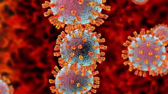 Junin virus particle, 3D animation showing enveloped arenavirus with granular ribonucleoprotein structure, causative agent of Argentine hemorrhagic fever.