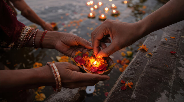 Hands holding a floating candle offering with flowers during a religious ceremony.