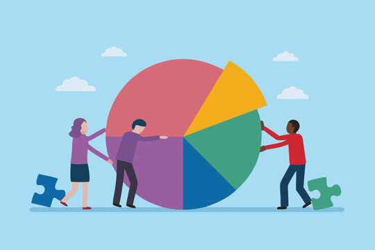 Pie chart with people assembling puzzle pieces vector illustration