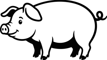 Happy Pig Standing Line Art, Cute Farm Animal Outline on Isolated White Background © Rifki