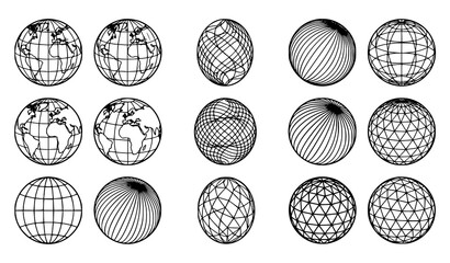 Hand Drawn Wireframe Globe Sphere Collection with Geometric Grid Earth Design Vector Illustration Set © Madhobe