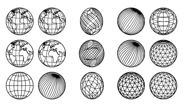 Hand Drawn Wireframe Globe Sphere Collection with Geometric Grid Earth Design Vector Illustration Set