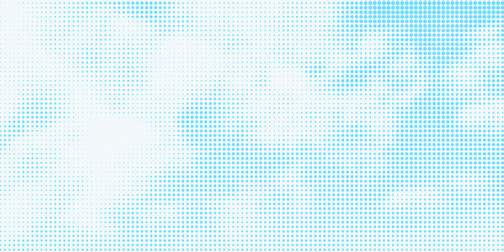 Bright blue sky halftone background. Fading retro comic gradient pattern. Pixelated dotted cloud texture overlay. Cartoon pop art grain backdrop for poster, banner, advertisement, brochure. Vector