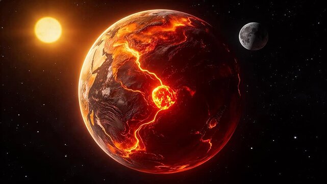 Burning planet with sun and moon