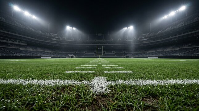 American football field in a large stadium with green grass and white markings at night