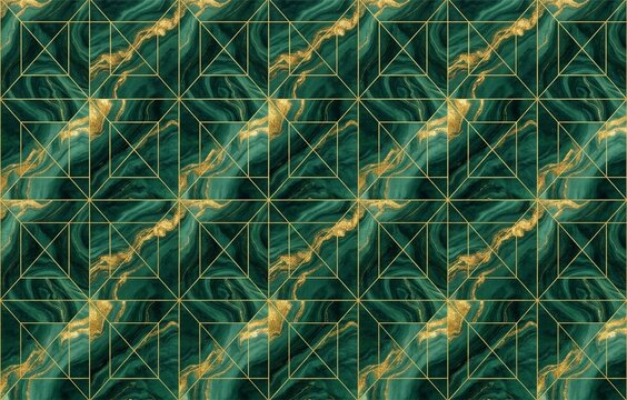 Luxurious Green Marble with Geometric Gold Grid Lines. Seamless Repeatable Pattern for Backgrounds, Wallpaper, and Interior Design.