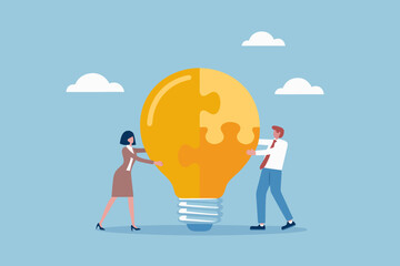 Two People Connecting Puzzle Piece Light Bulb Vector Illustration © Liton