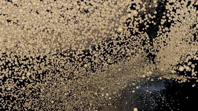 High-resolution 4K motion graphic featuring a smooth, organic flow of beige and tan sphere particles. 