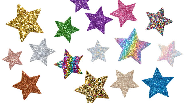 Set of colorful glitter stars isolated on transparent background