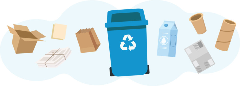 Blue recycling bin with paper and cardboard waste. Concept of garbage sorting, waste management, and environmental conservation. Flat vector illustration.
