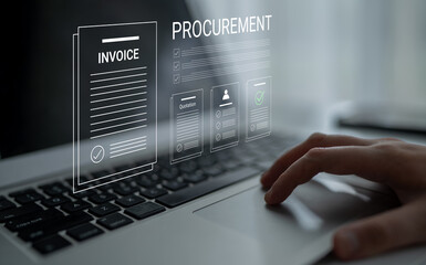 Obraz premium A close-up image of a laptop screen displaying digital procurement documents, including an invoice and quotation checklist, symbolizing modern business processes and efficiency. Cyphers