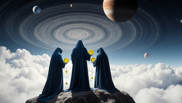 Three Cloaked Figures with Clocks in Cosmic Sky