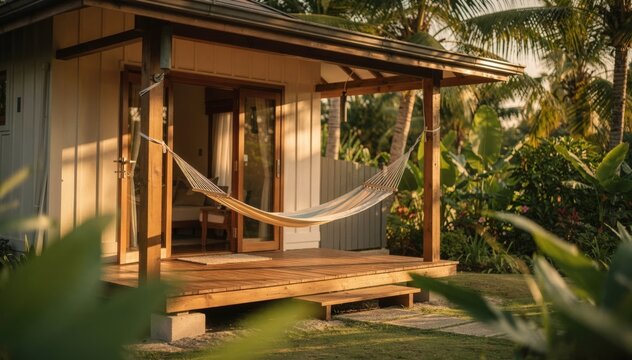 Medium shot of an inviting resort bungalow with a hammock swinging on the porch soft morning sunlight casting warm shadows blurred tropical greenery around