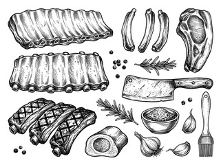 Pork rib meat set with raw rack, grilled slice, cleaver, spice bowl, rosemary, garlic, isolated on white background © travis