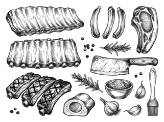 Pork rib meat set with raw rack, grilled slice, cleaver, spice bowl, rosemary, garlic, isolated on white background © travis