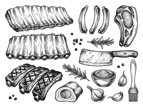 Pork rib meat set with raw rack, grilled slice, cleaver, spice bowl, rosemary, garlic, isolated on white background