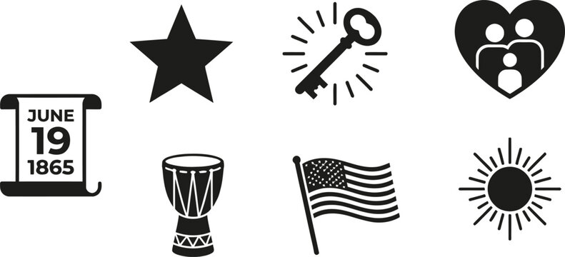 Juneteenth icons set with star, key, heart, calendar, drum, flag and sun