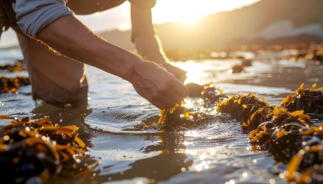 Close-up of a farmer harvesting fresh golden brown kelp from the shallow ocean water during sunset, with bright sun flare reflections creating beautiful warm bokeh ripples.