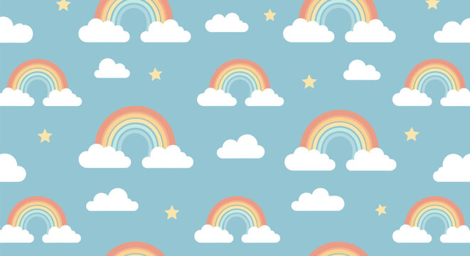 Seamless Pattern of Rainbows and Clouds. A colorful seamless pattern featuring rainbows, clouds, and stars on a blue background.