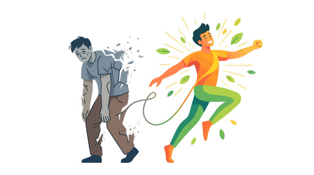 Illustration of a man jumping freely while another man tied to him looks on with a plain white background and a mix of grey, orange, green hues.