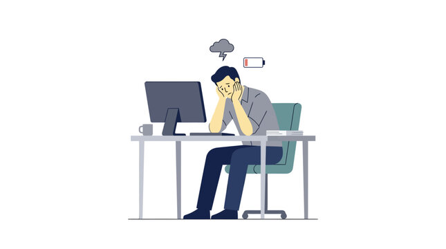 A stressed businessman sits at a desk with his head in his hands, in front of a computer monitor, conveying a frustrated mood with a simple flat illustration style on a white background.