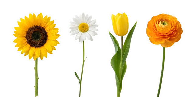 Set of four different flowers including a sunflower, daisy, yellow tulip, and orange ranunculus isolated on transparent background