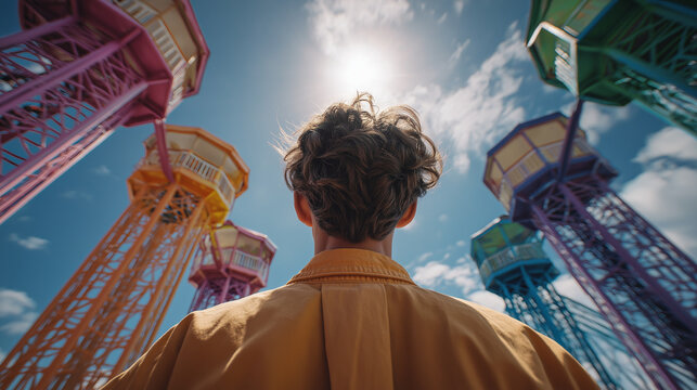 Colorful Water Towers and a Curious Gazer: A person stands with their back to the camera, looking up at a cluster of vibrant, multi-colored water towers under a bright, sunny sky.