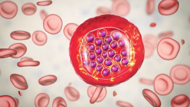 Plasmodium falciparum schizont stage, 3D animation showing mature intraerythrocytic schizont containing multiple merozoites within an infected red blood cell in falciparum malaria.